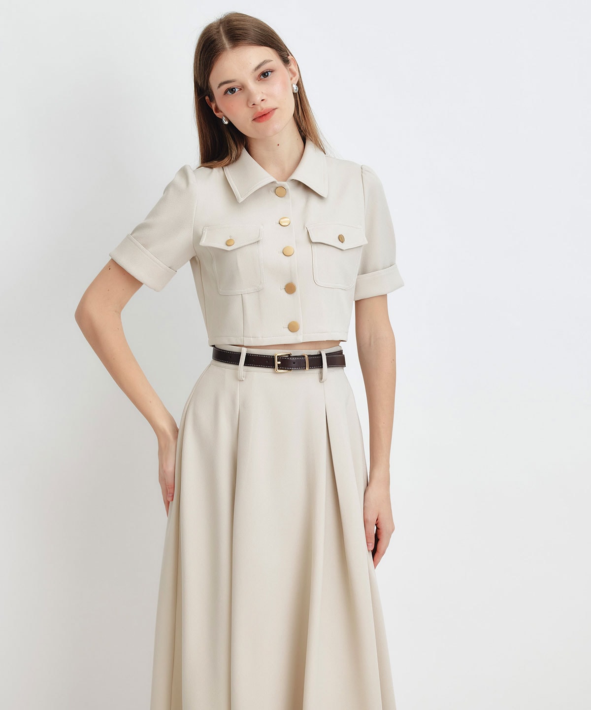 ショートジャケット×フレアロングスカートセットアップ