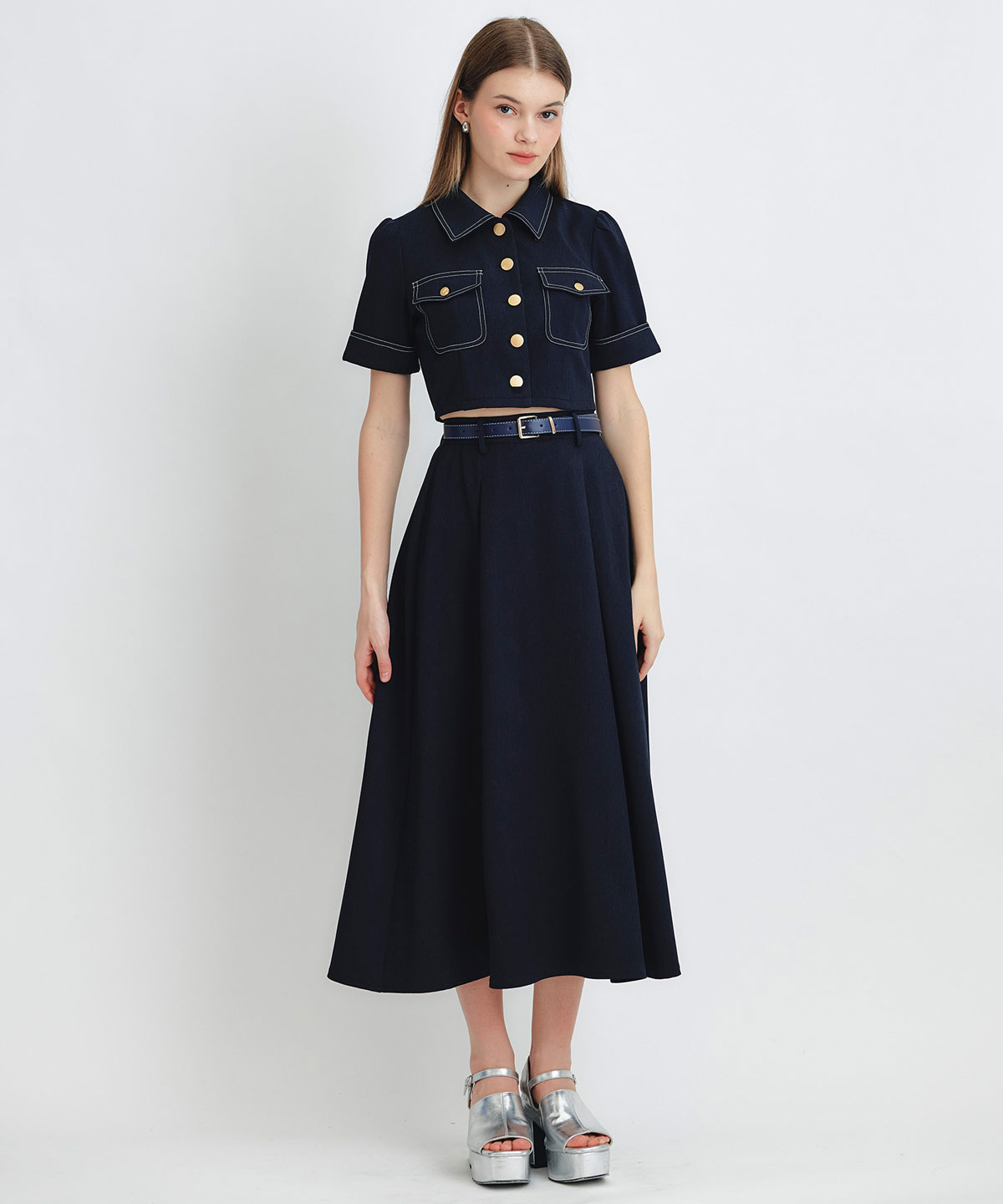 ショートジャケット×フレアロングスカートセットアップ