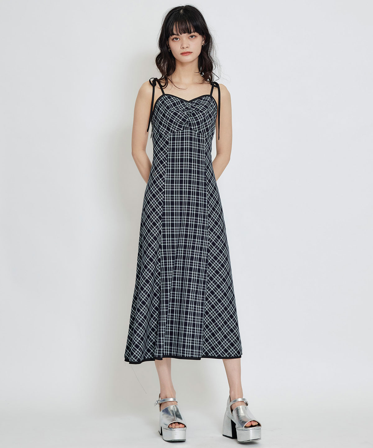 パイピングリボンキャミソールチェックフレアロングワンピース