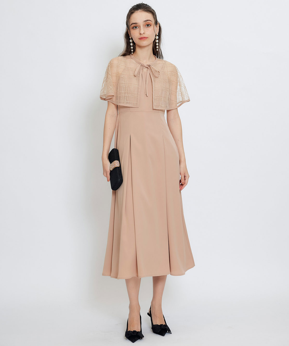 チェックシアーチュールケープ×キャミソールフレアロングドレス