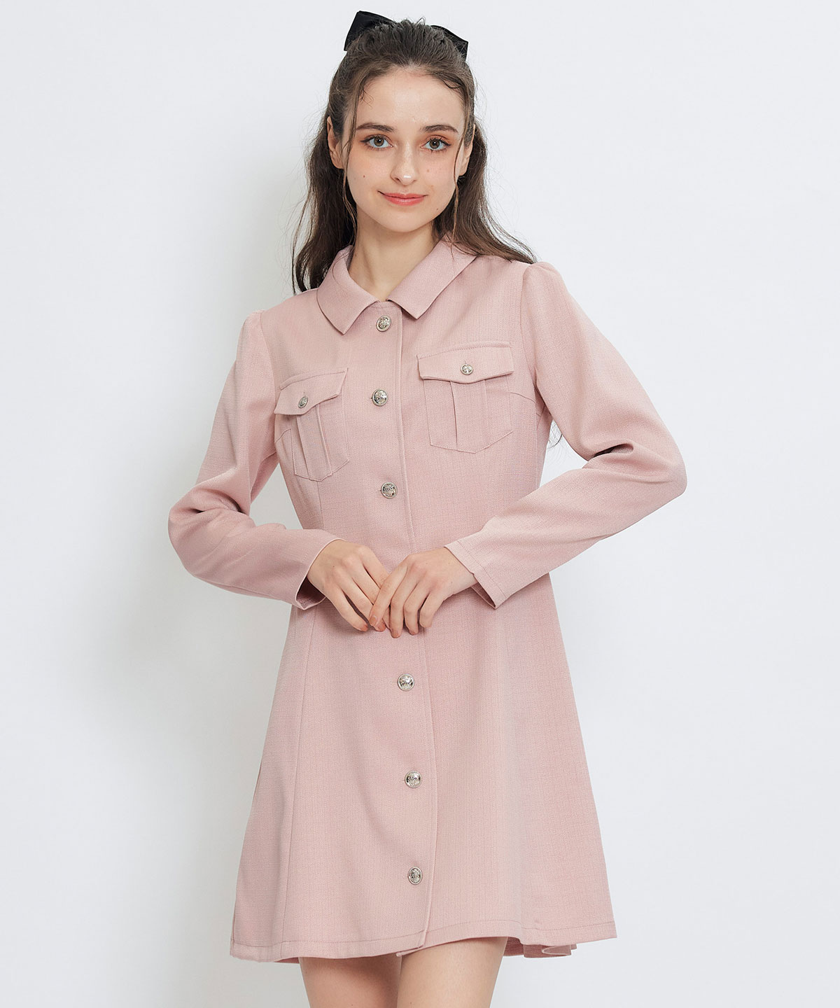 スプリングツイードシャツミニフレアワンピース