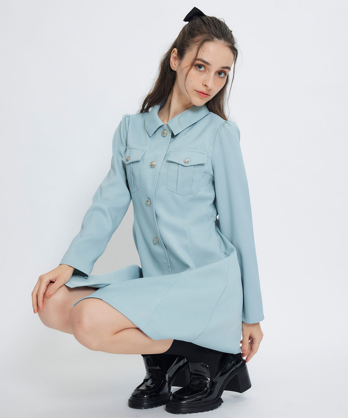 スプリングツイードシャツミニフレアワンピース