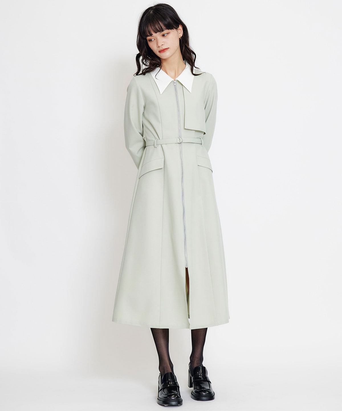 フロントZIPバイカラーロングシャツワンピース