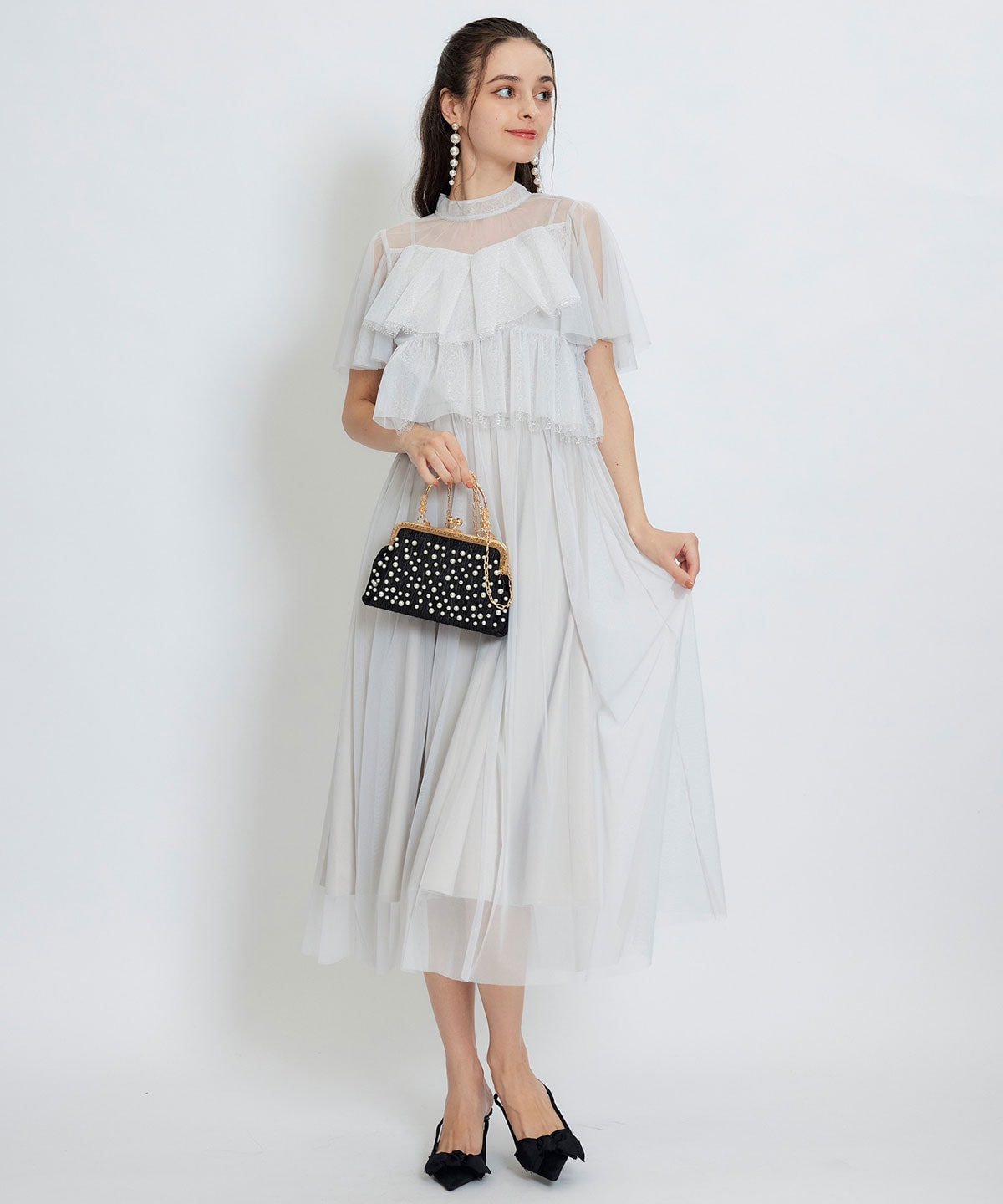 チュールレースティアードトップス×キャミソールフレアロングドレス