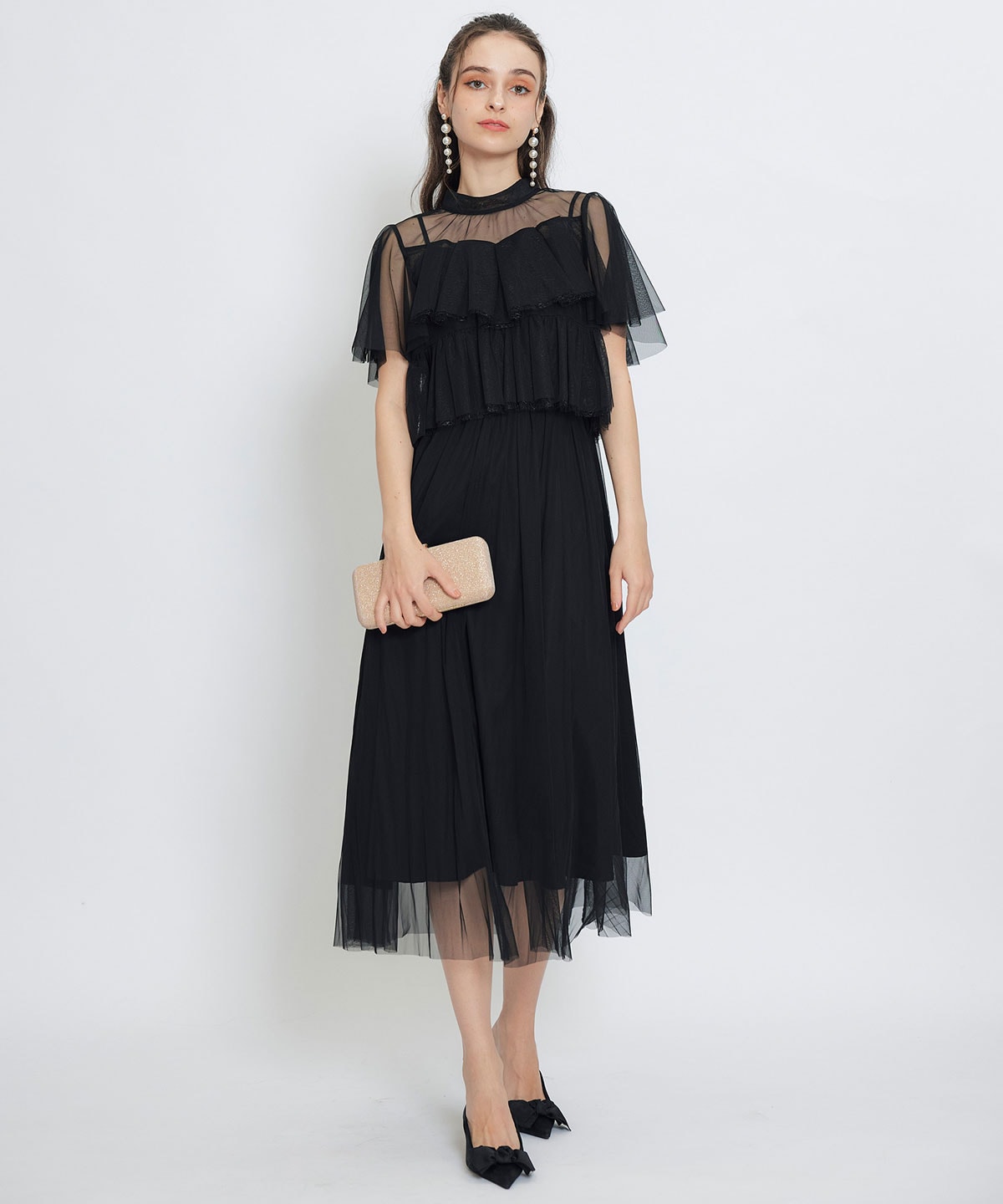 チュールレースティアードトップス×キャミソールフレアロングドレス