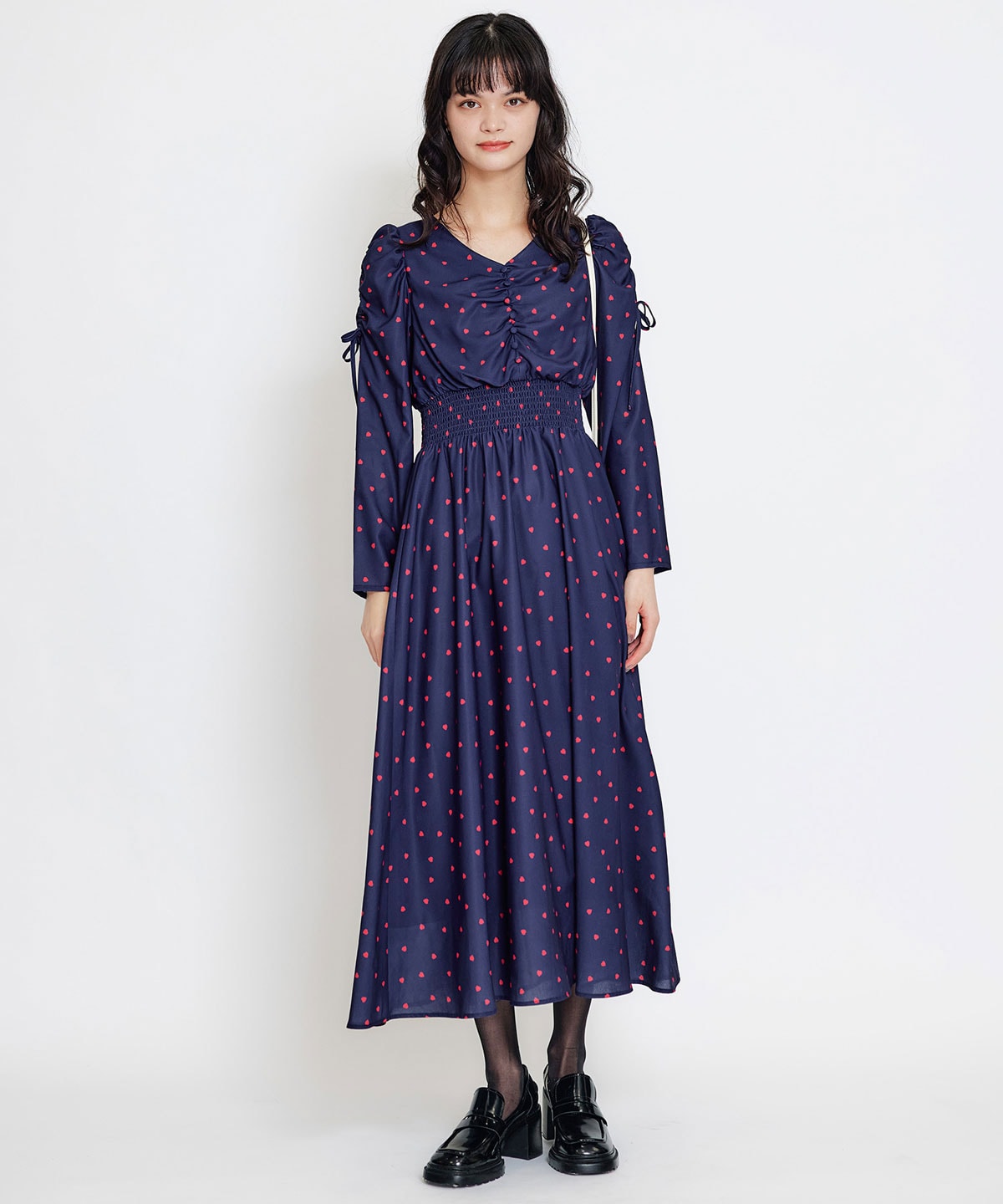 Love Me Heart ギャザーリボンロングフレアワンピース