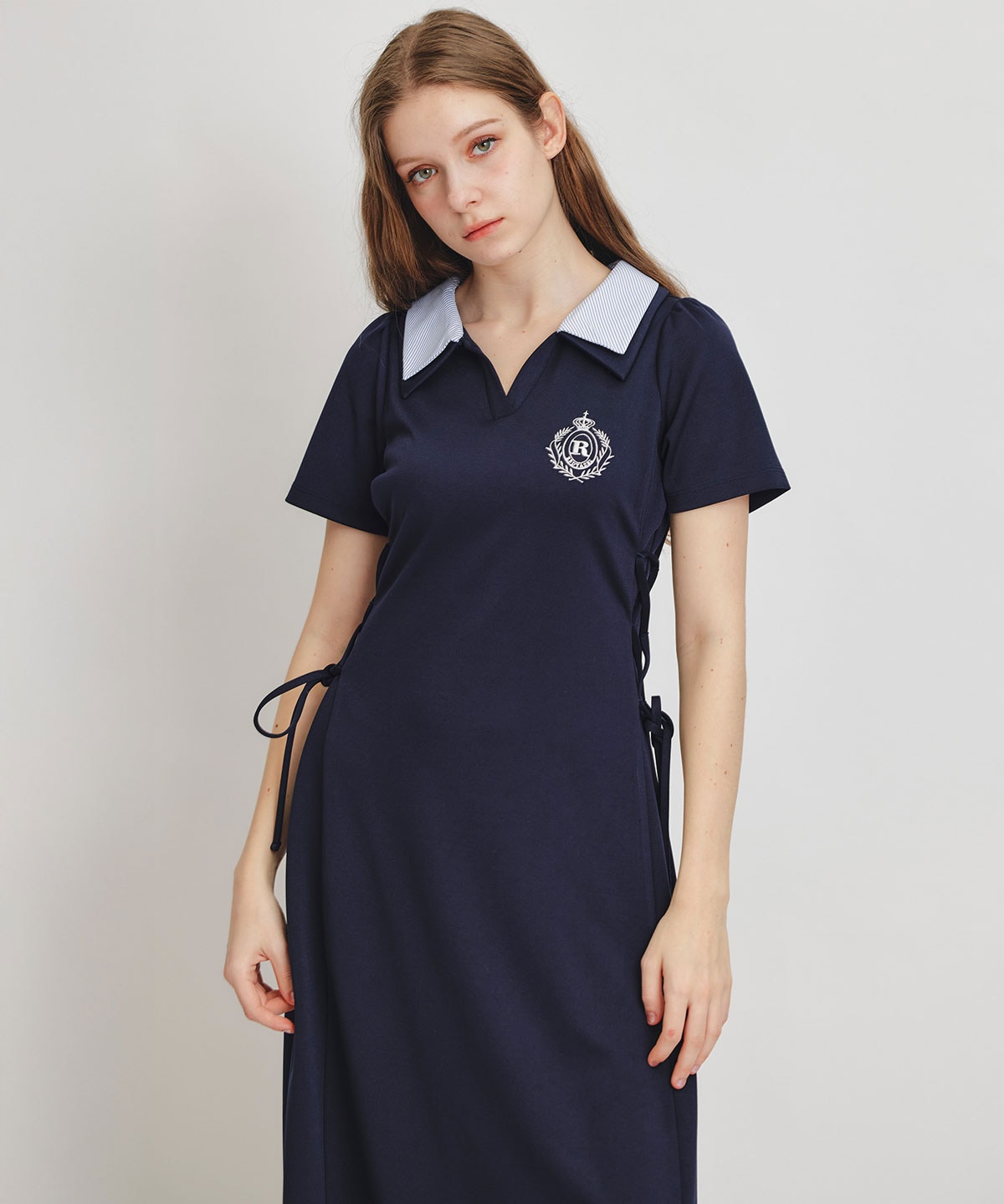 ポロカットレースアップフレアロングワンピース