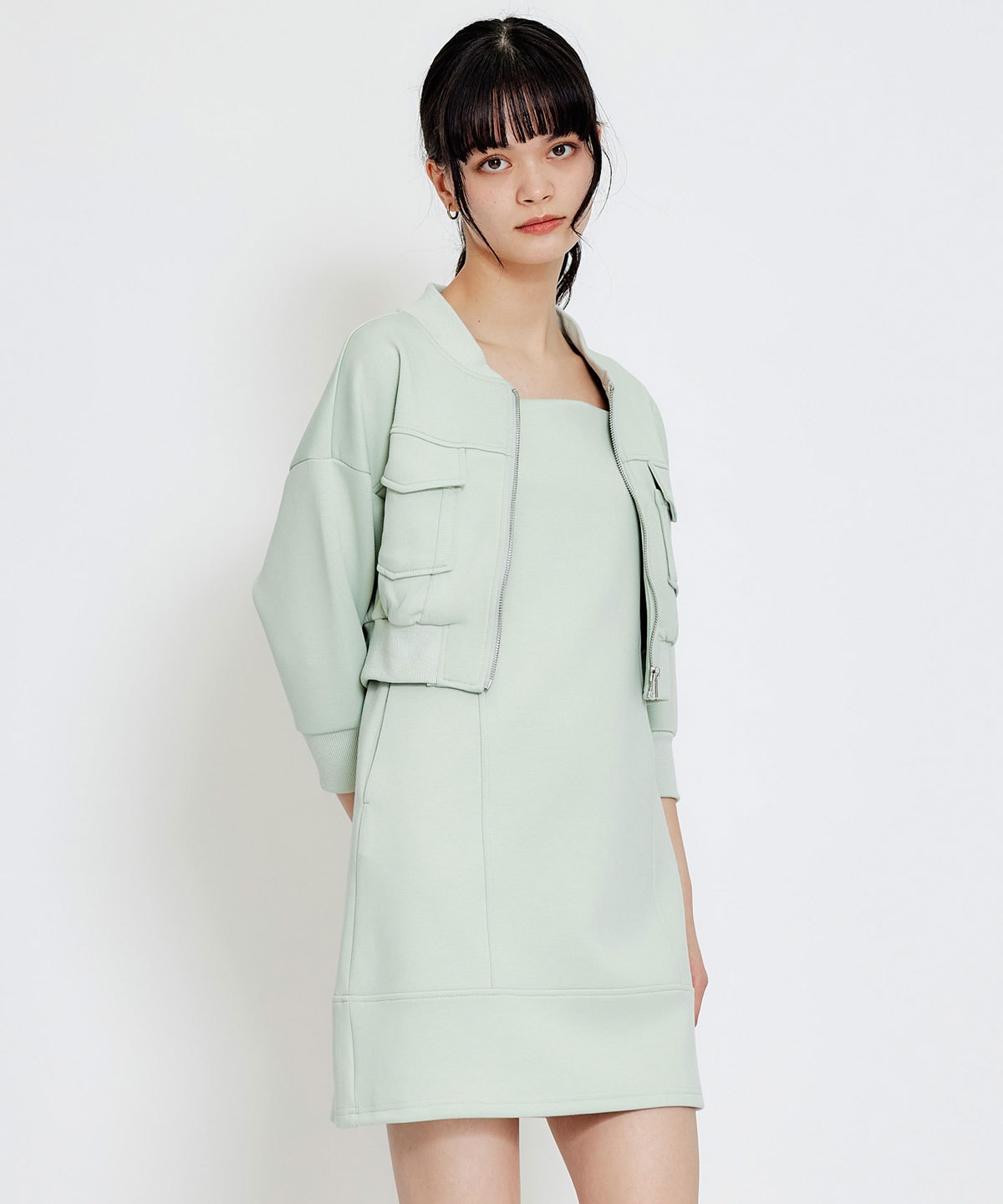 【セットアップ可能】バイカラーステッチカットミニワンピース