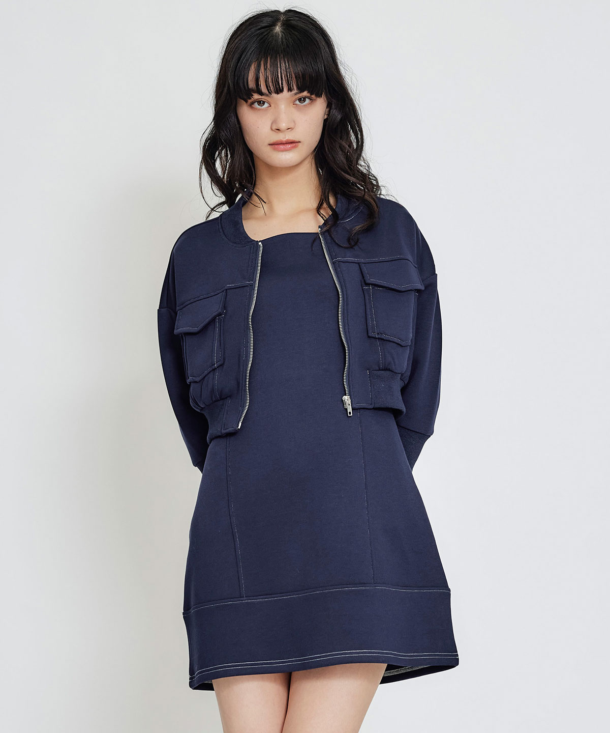 【セットアップ可能】バイカラーステッチカットミニワンピース