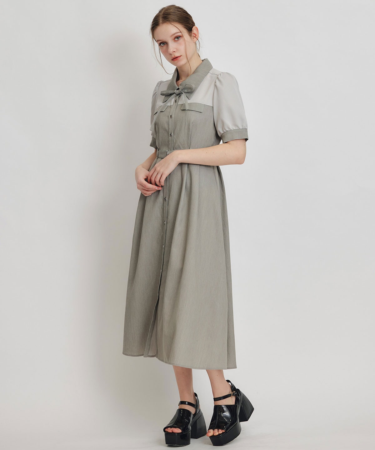 コントラストカラーシャツフレアロングワンピース