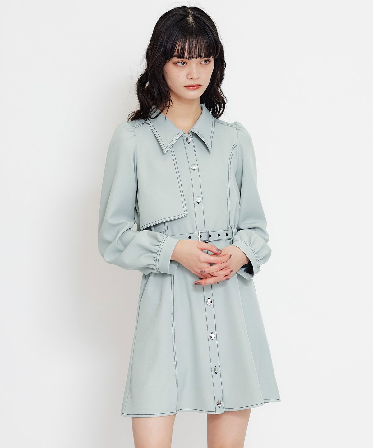 バイカラーステッチフレアミニシャツワンピース