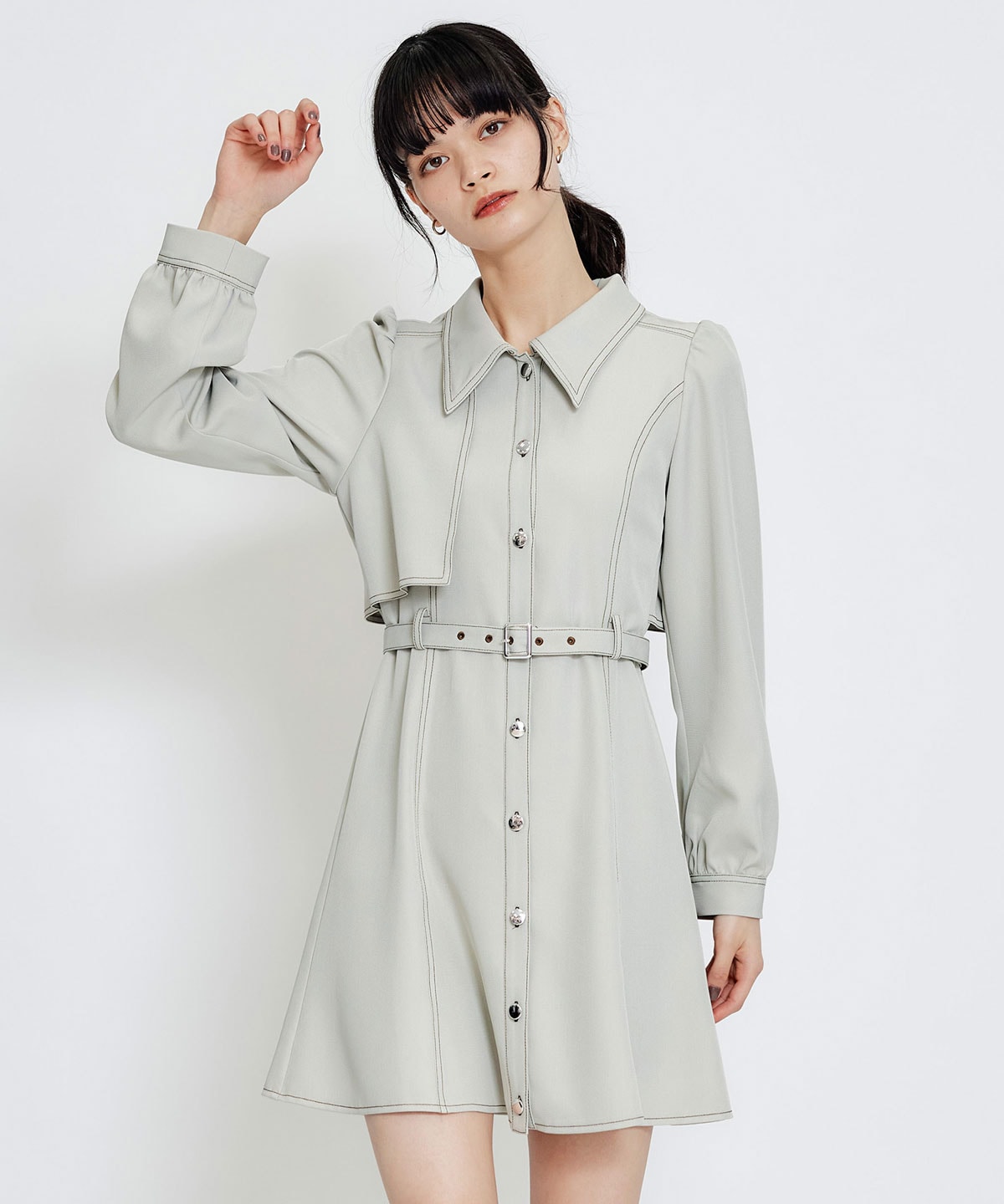 バイカラーステッチフレアミニシャツワンピース