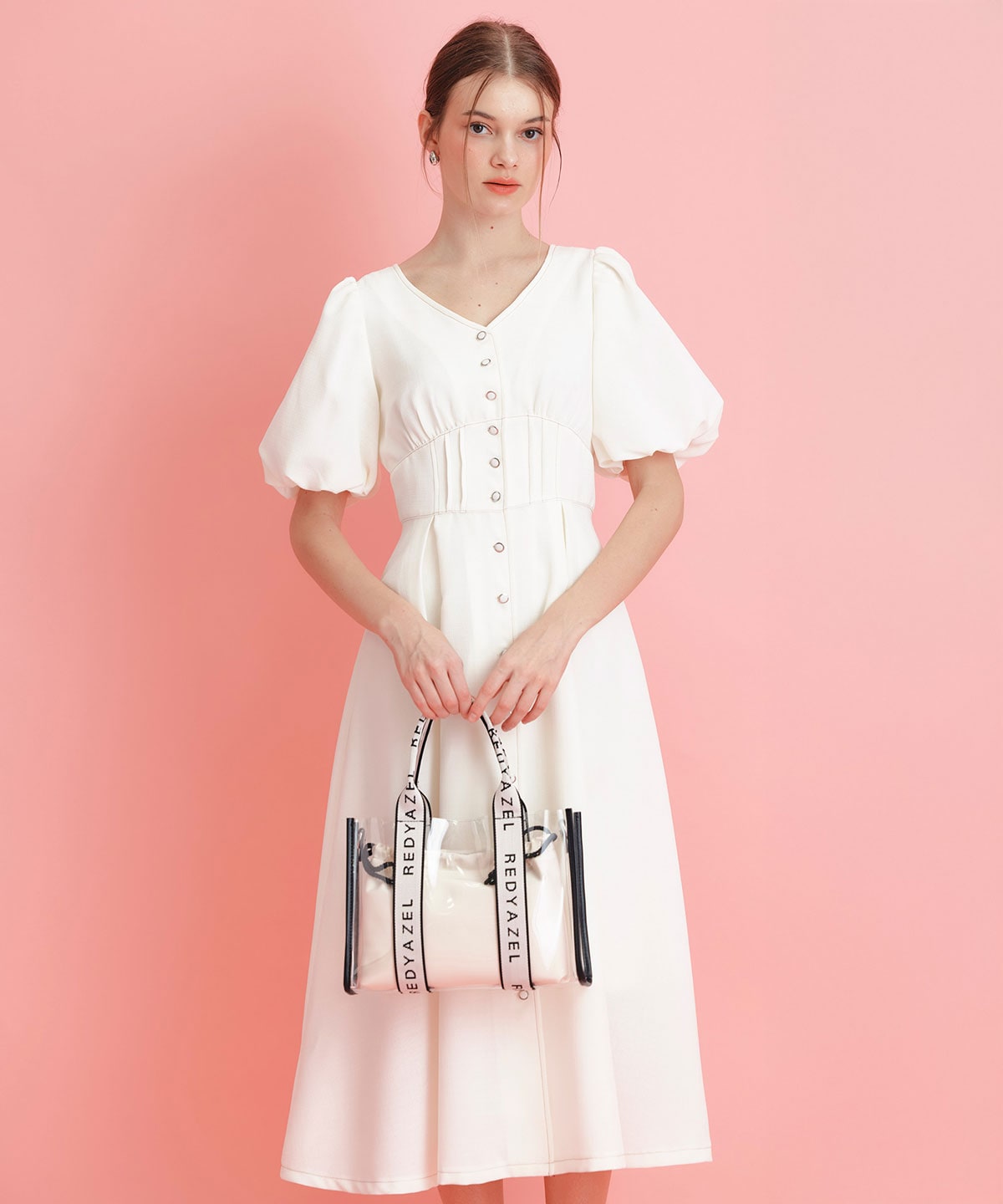 コルセットバルーンスリーブフレアロングワンピース