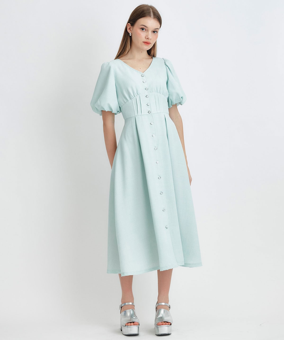 コルセットバルーンスリーブフレアロングワンピース