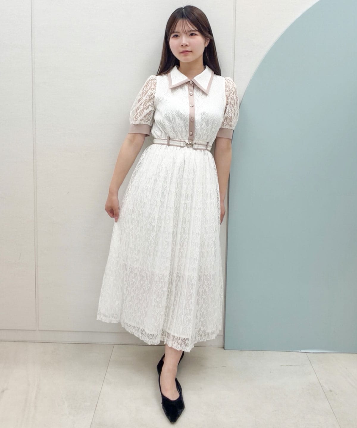 レースバイカラープリーツロングワンピース