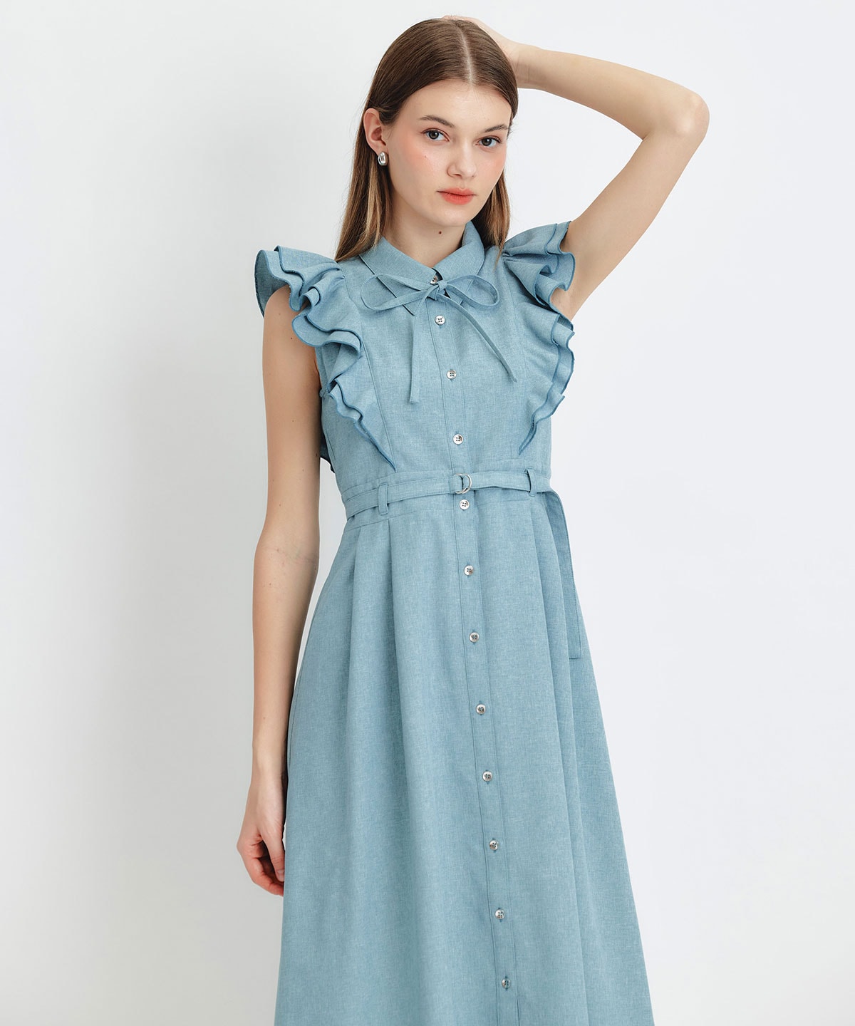 フリルシャツフレアロングワンピース