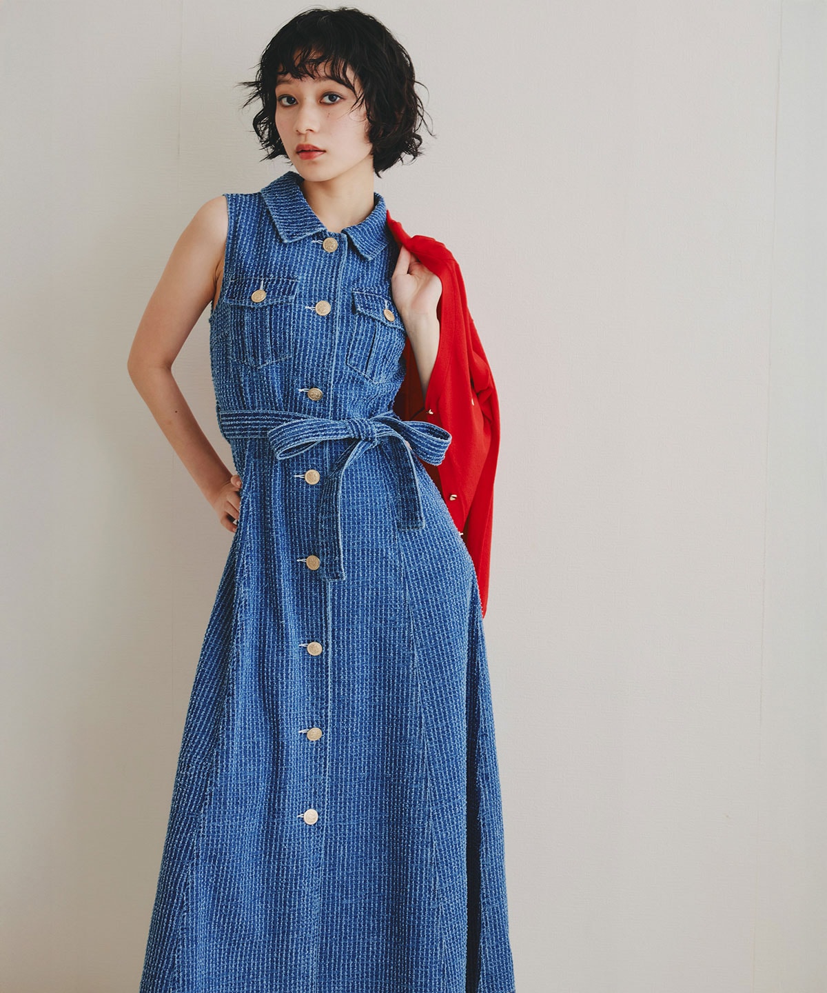 レーザーカットデニムロングシャツワンピース