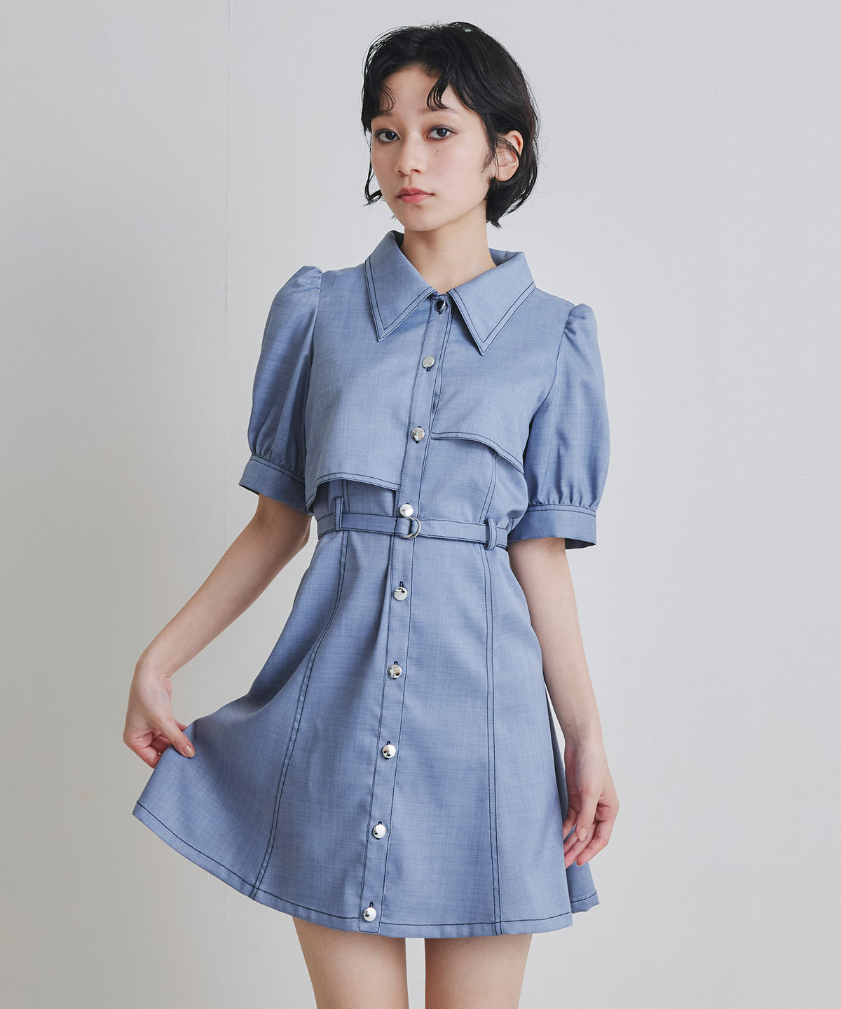 ステッチバイカラーレイヤードフレアミニワンピース