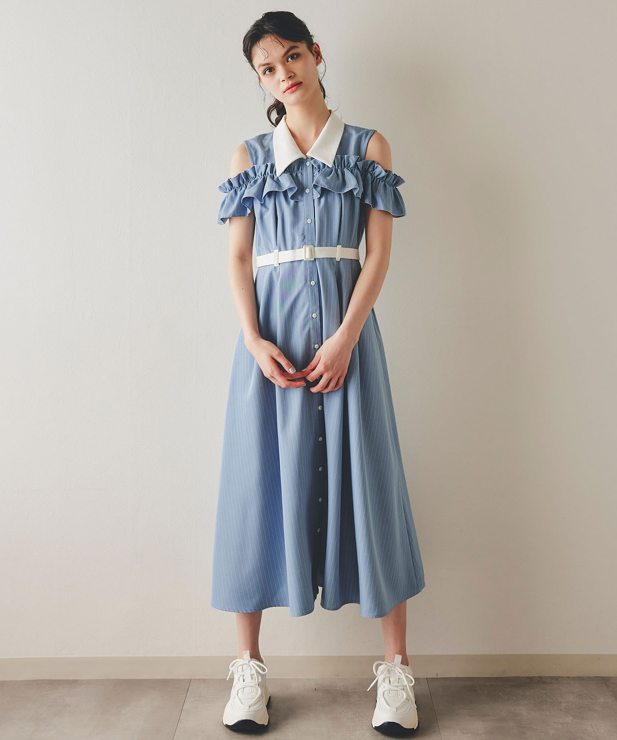 クレリックオフショルフリルシャツロングワンピース
