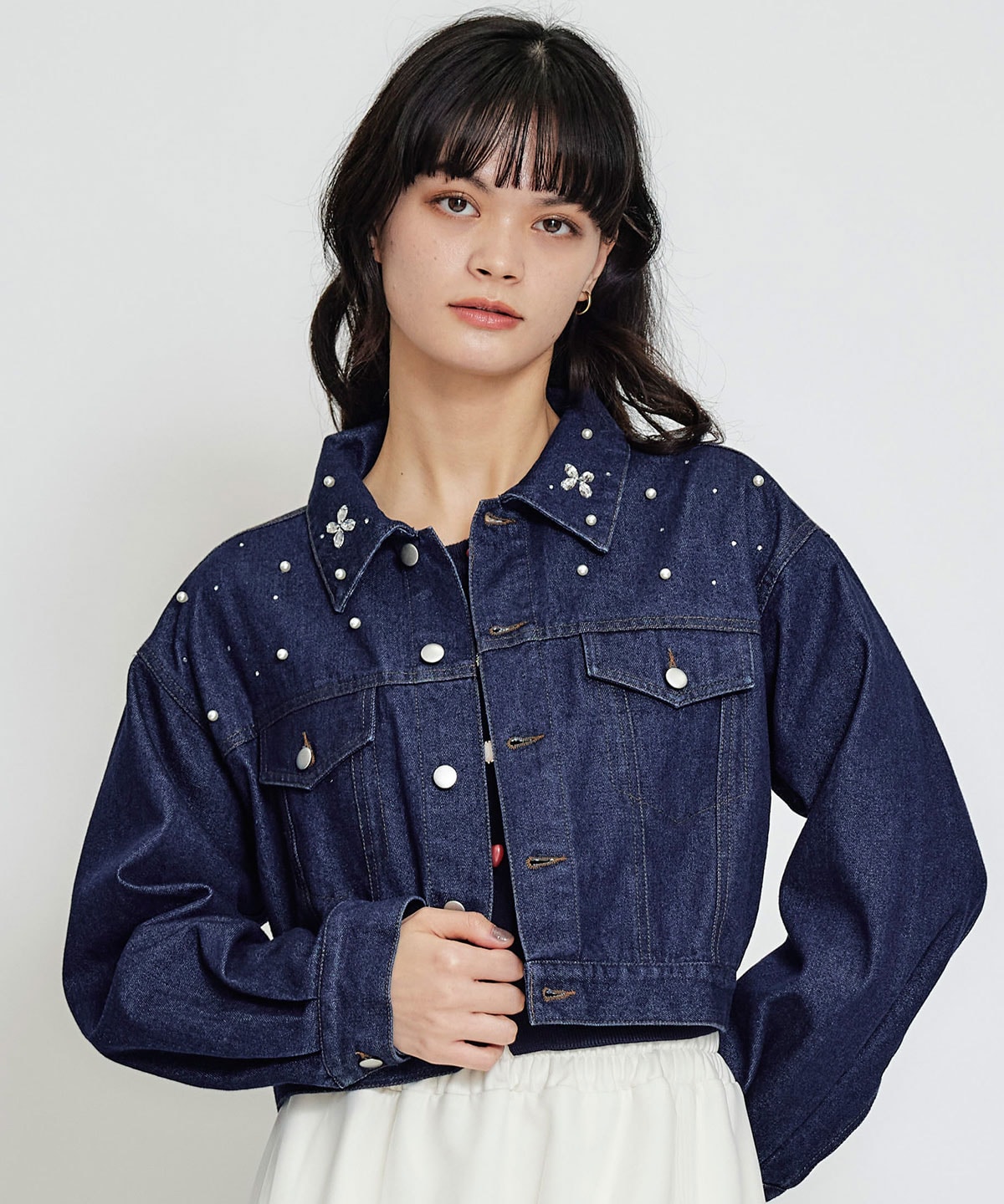 フラワービジューパールデニムジャケット