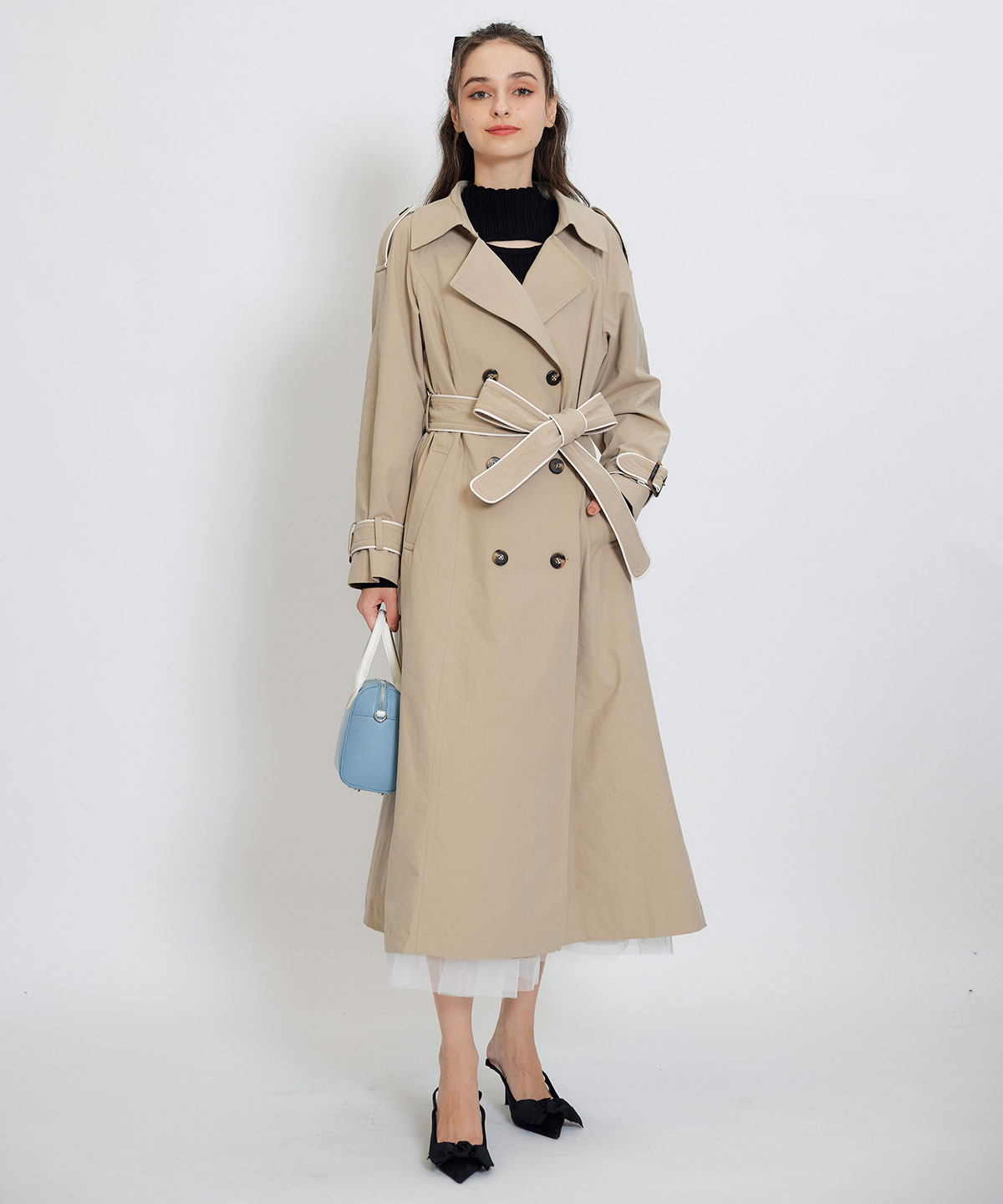 バックベルトデザインパイピングロングトレンチコート