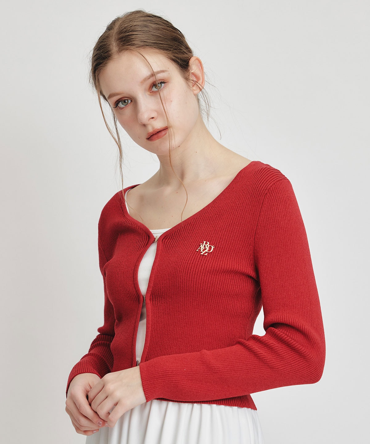 ロゴプレートリブニットカーディガン