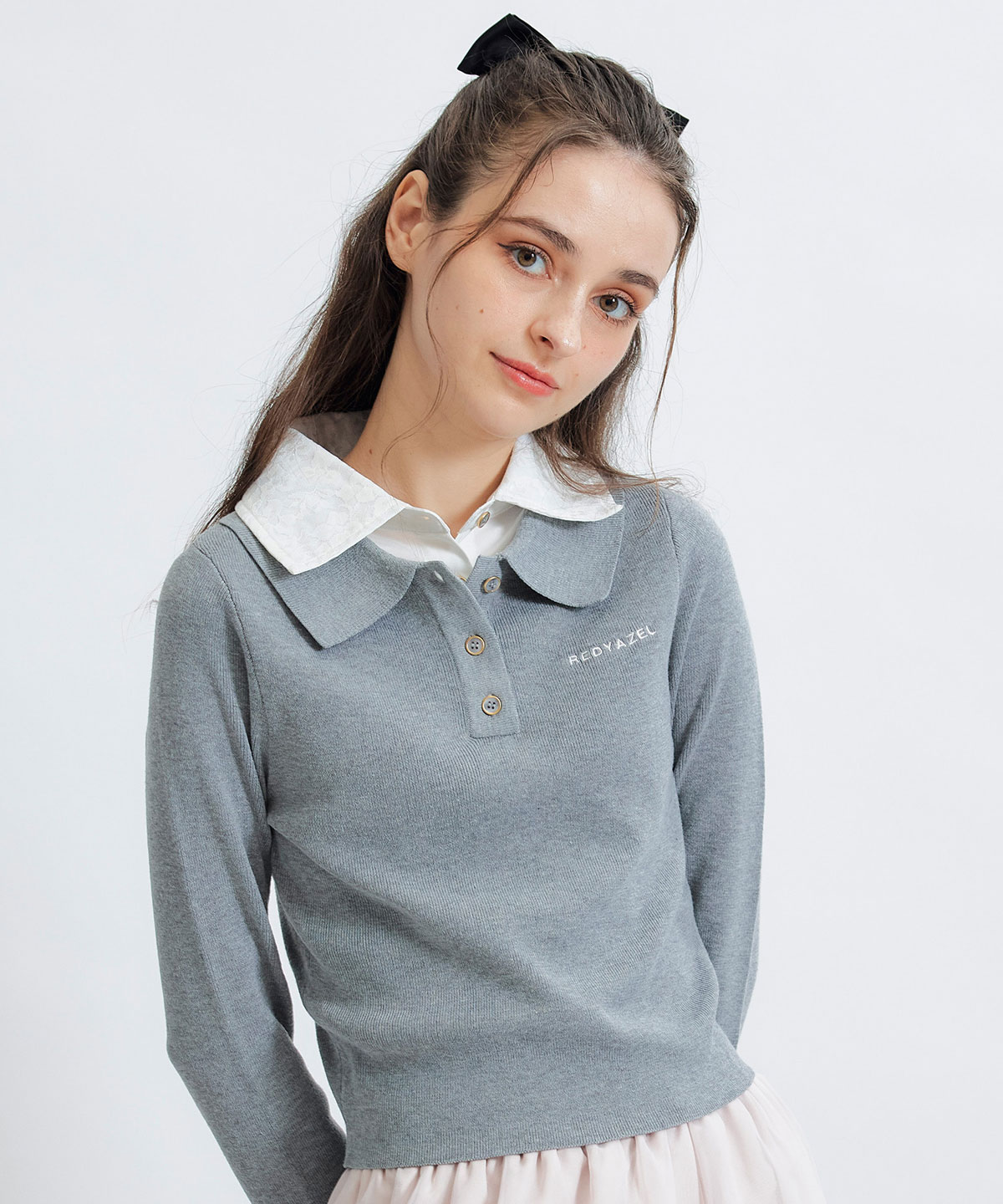 ダブルレースカラーポロニットプルオーバー