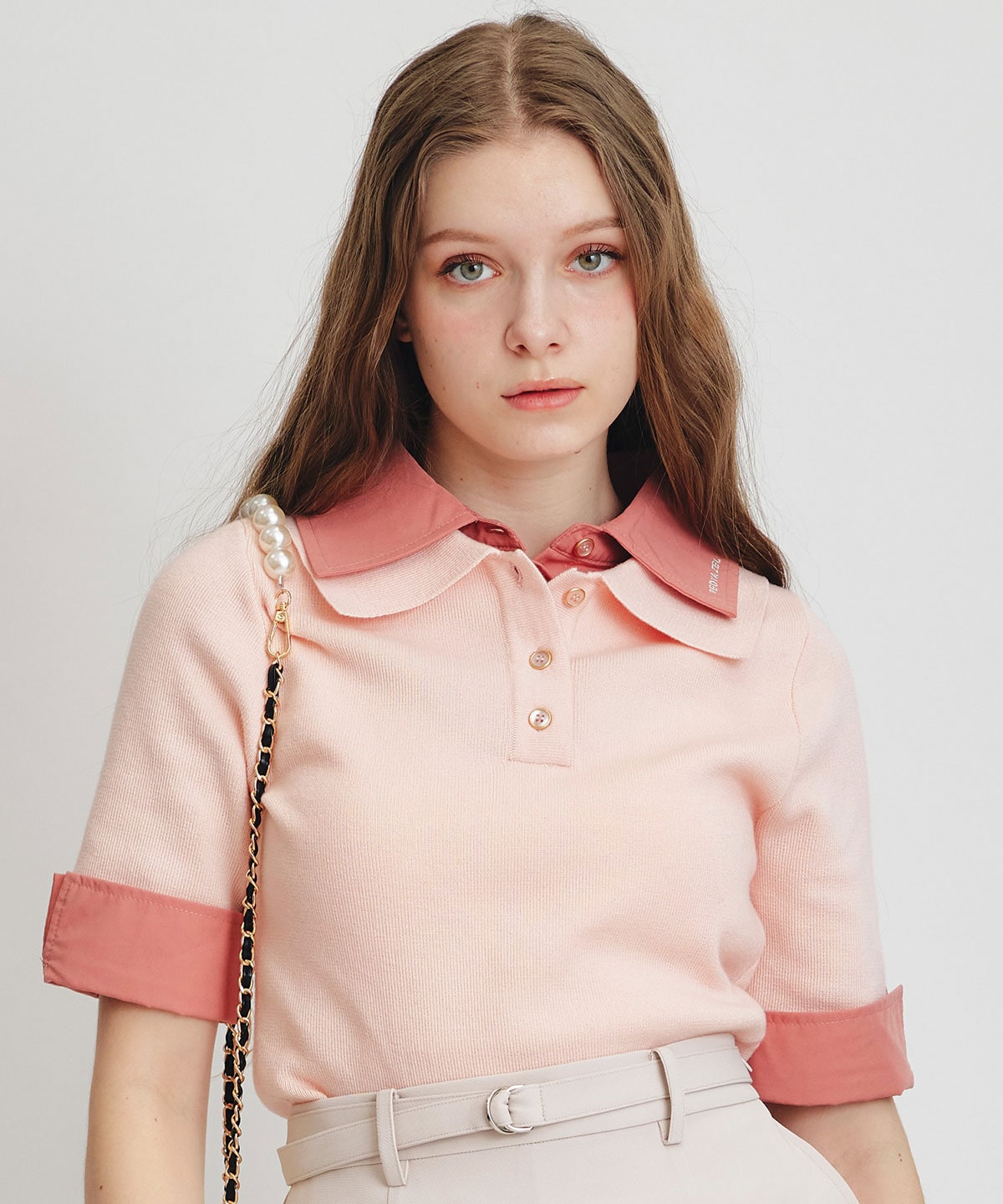 ダブルカラーハーフスリーブニットプルオーバー