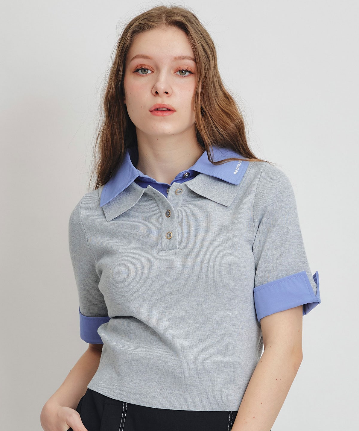 ダブルカラーハーフスリーブニットプルオーバー