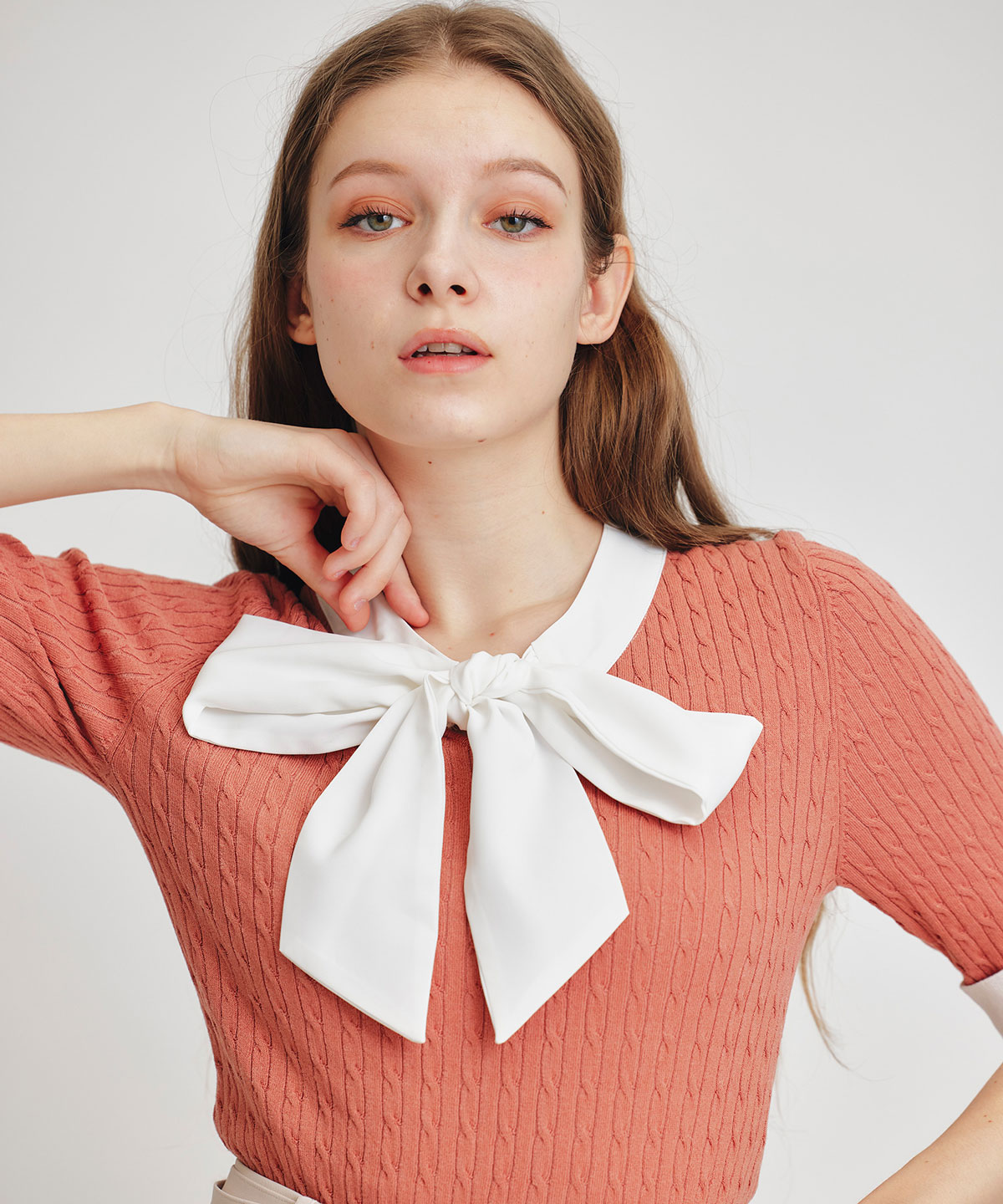 ケーブルリボンタイハーフスリーブニットプルオーバー