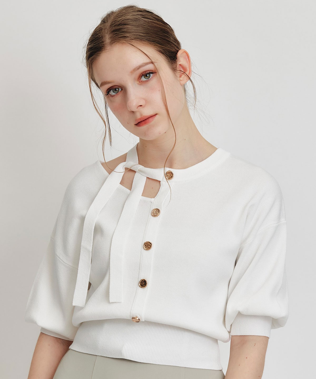 アシメカットデザインハーフスリーブニットプルオーバー