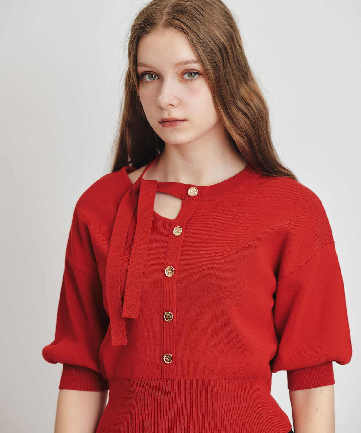 アシメカットデザインハーフスリーブニットプルオーバー