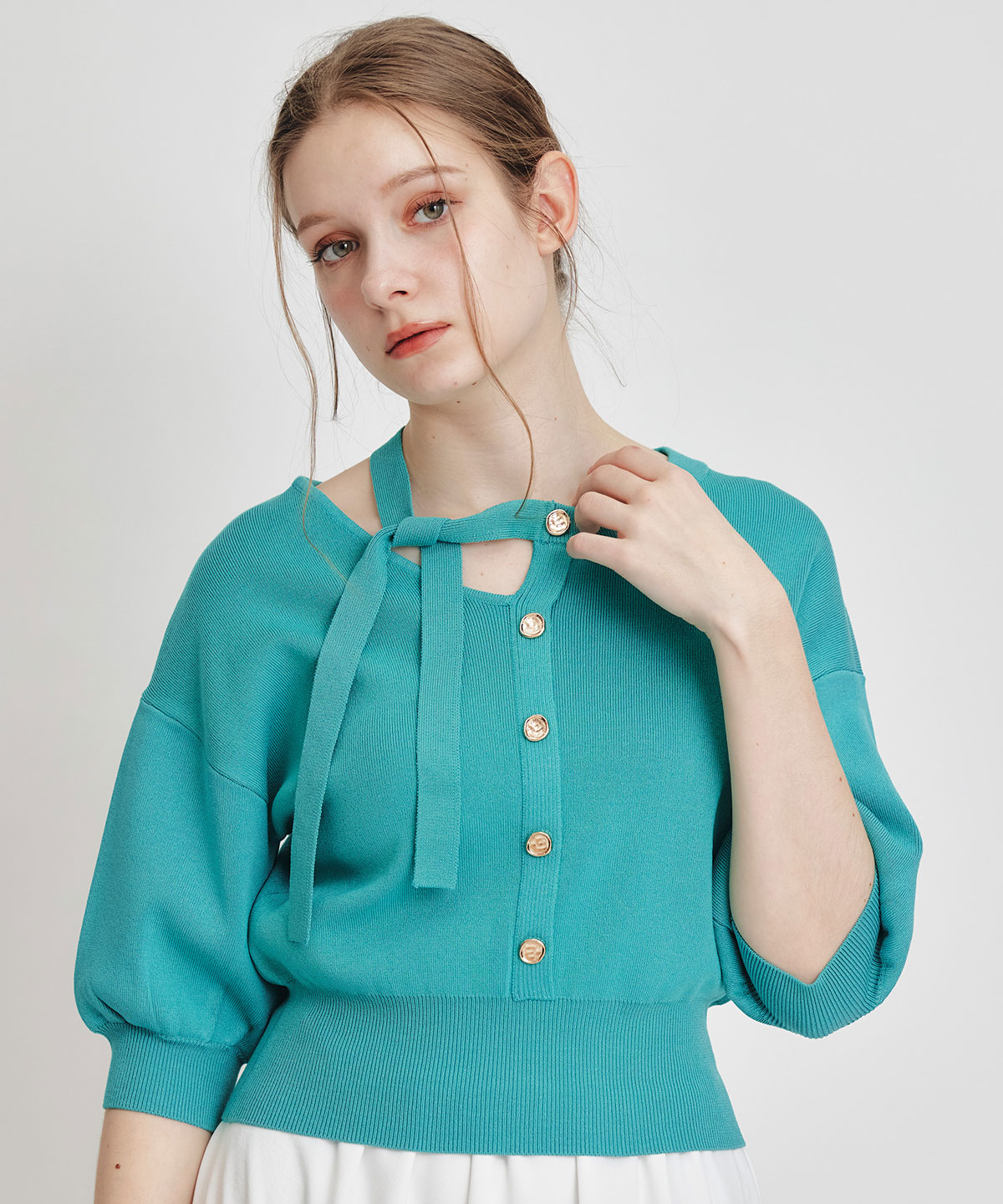 アシメカットデザインハーフスリーブニットプルオーバー