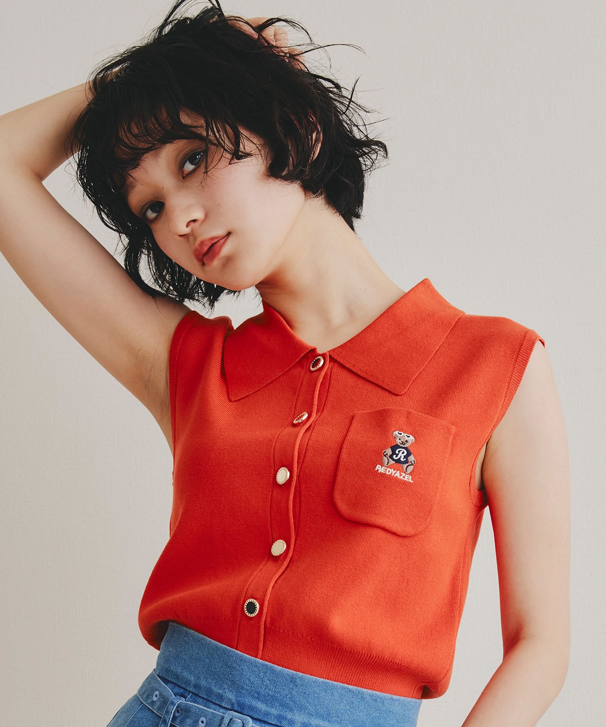 Azelyポロニットノースリーブプルオーバー