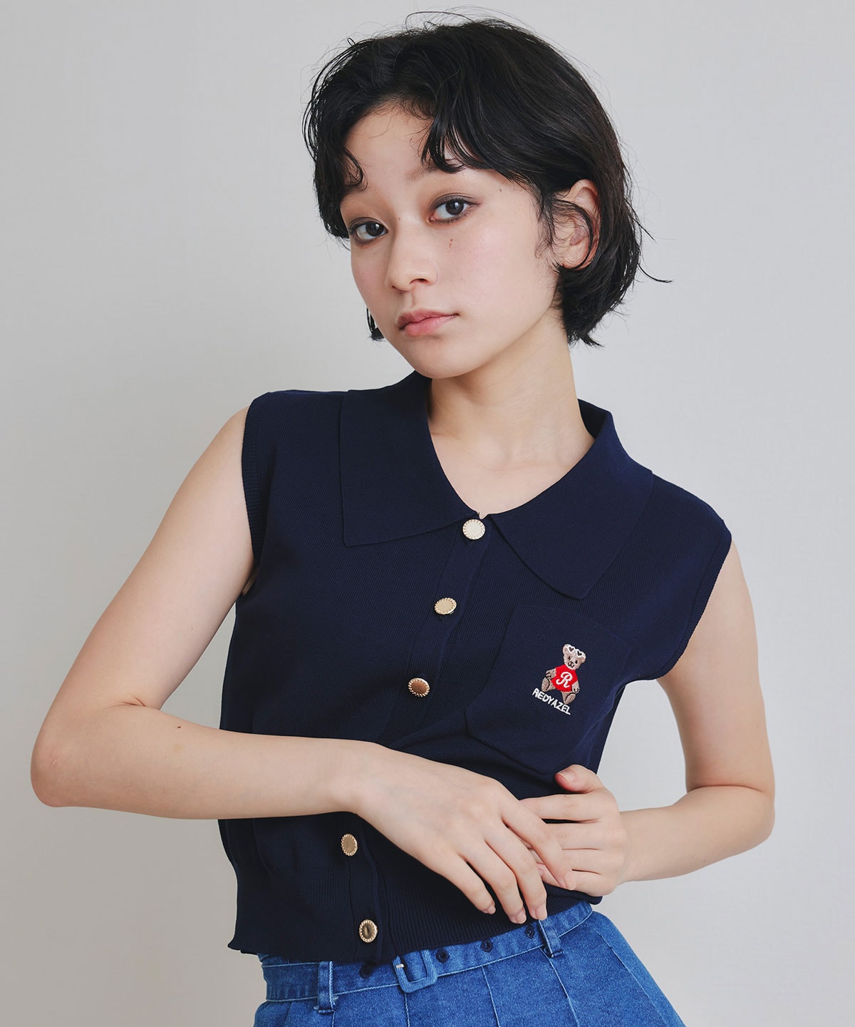 Azelyポロニットノースリーブプルオーバー