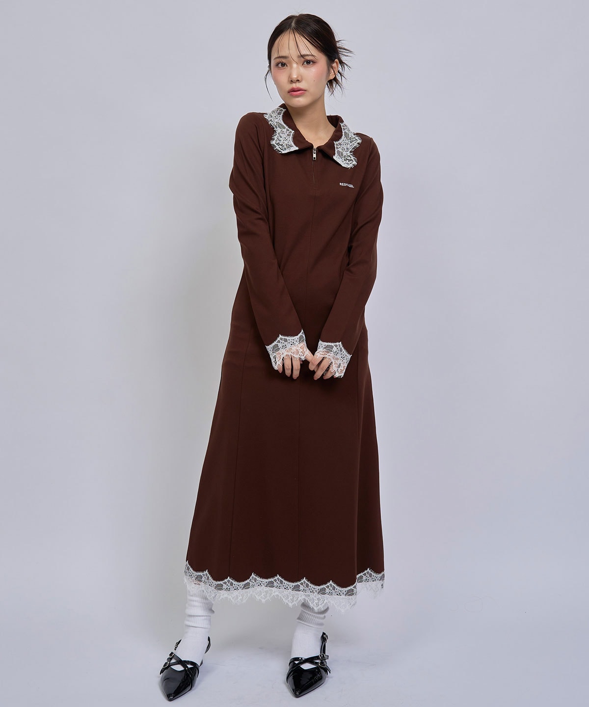 レーストリムハーフZIPポロカットロングワンピース