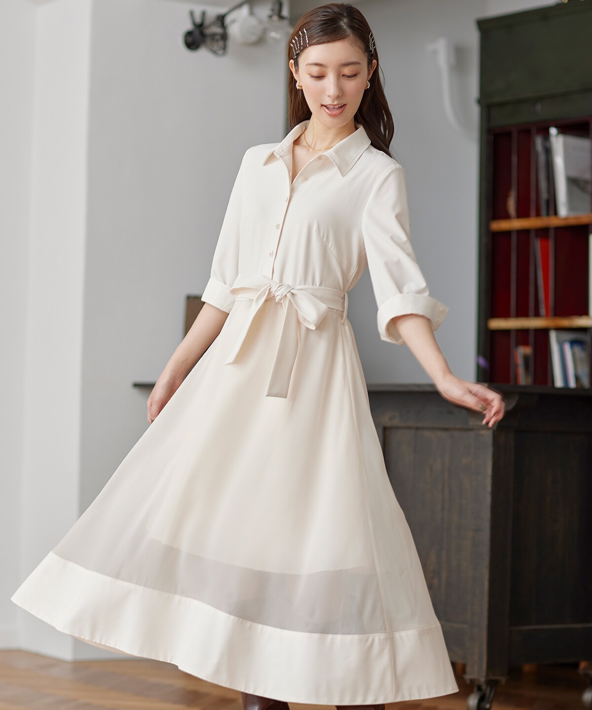 シアー切替シャツワンピース S 淡ベージュ Swingle 公式オンラインショップ バーンデストローズ