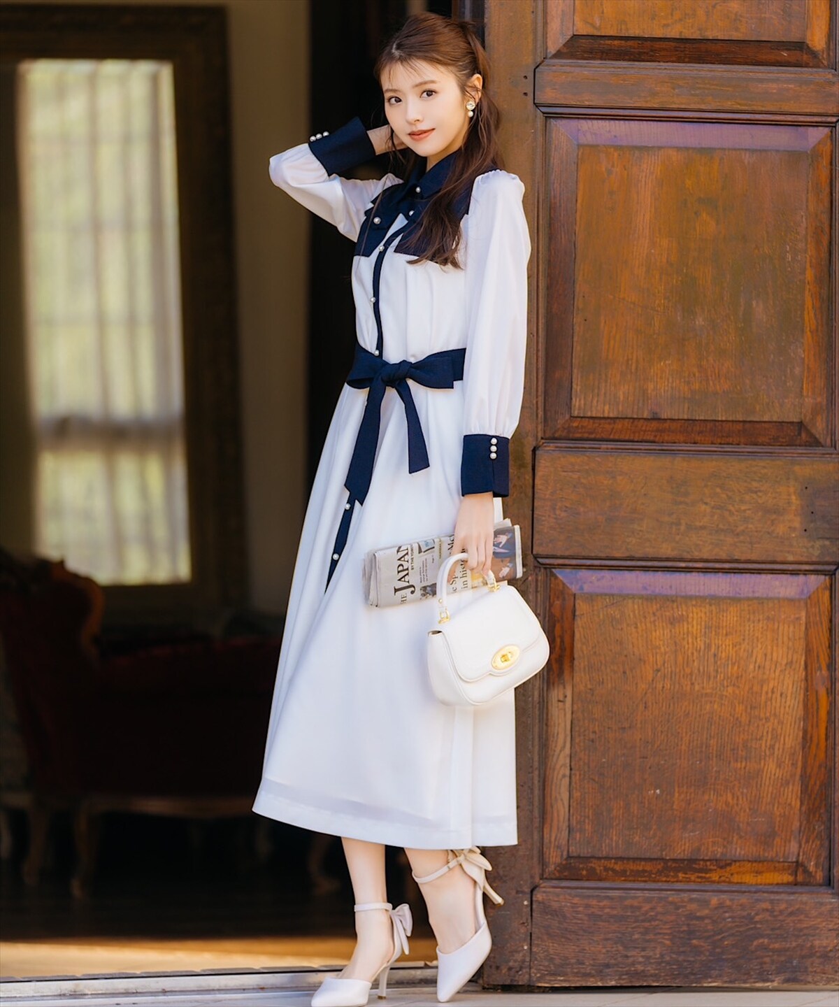 【Swingle】 異素材ドッキングパールボタンシャツワンピース