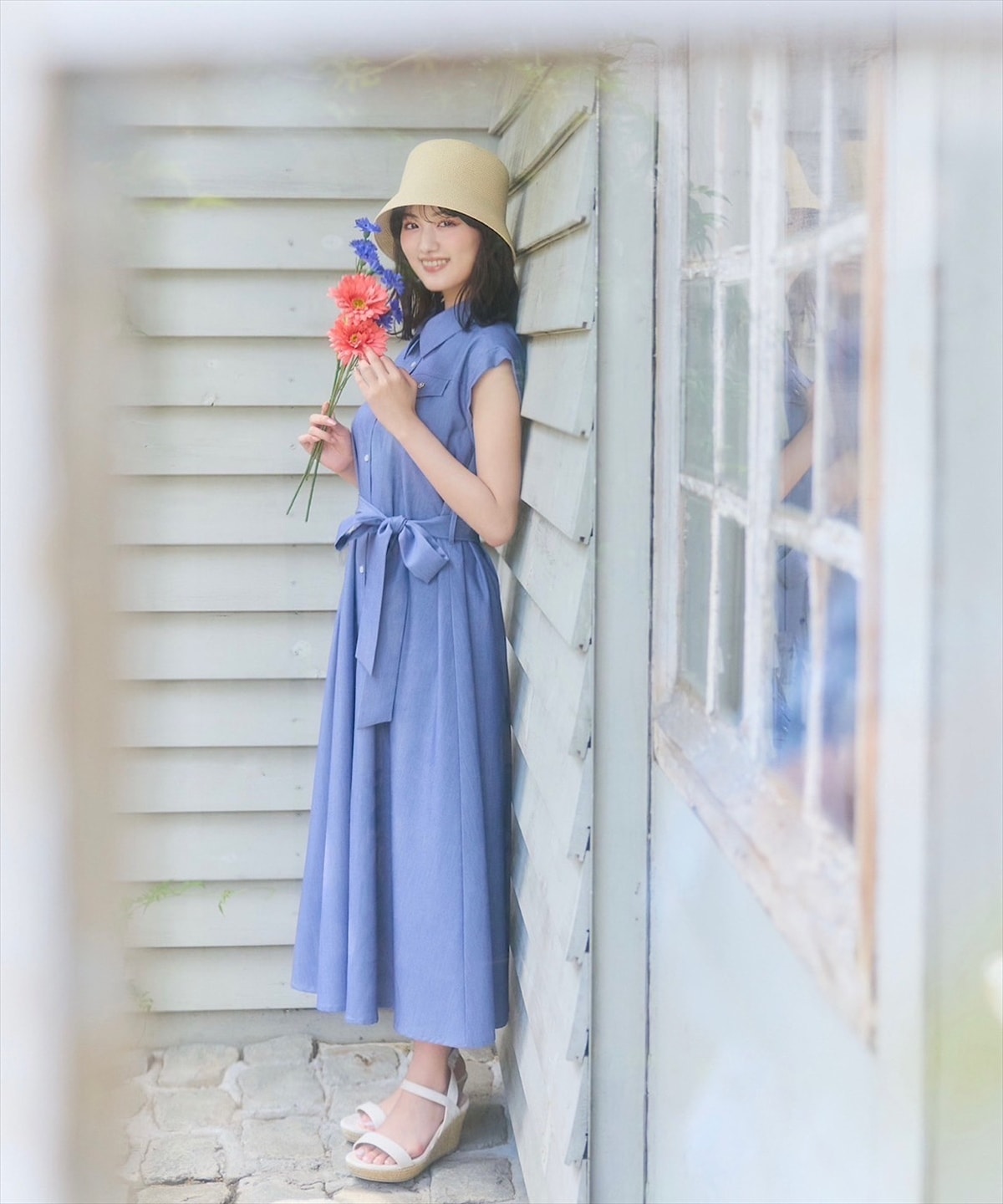 【Swingle】ロールアップスリーブフラップボタンシャツワンピース