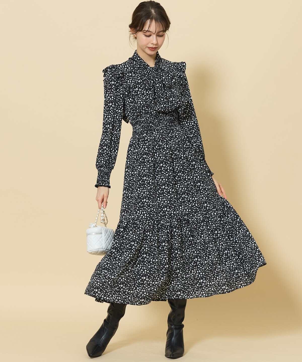 ダルメシアン柄フリルスリーブボウタイワンピース(F オフ  