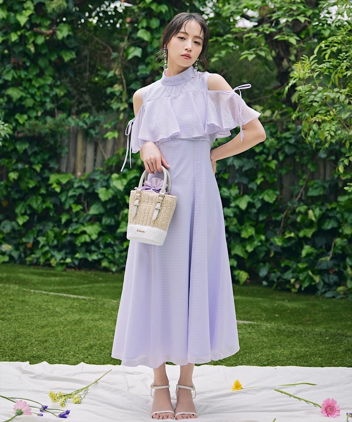 シアーチェックケープオフショルワンピース