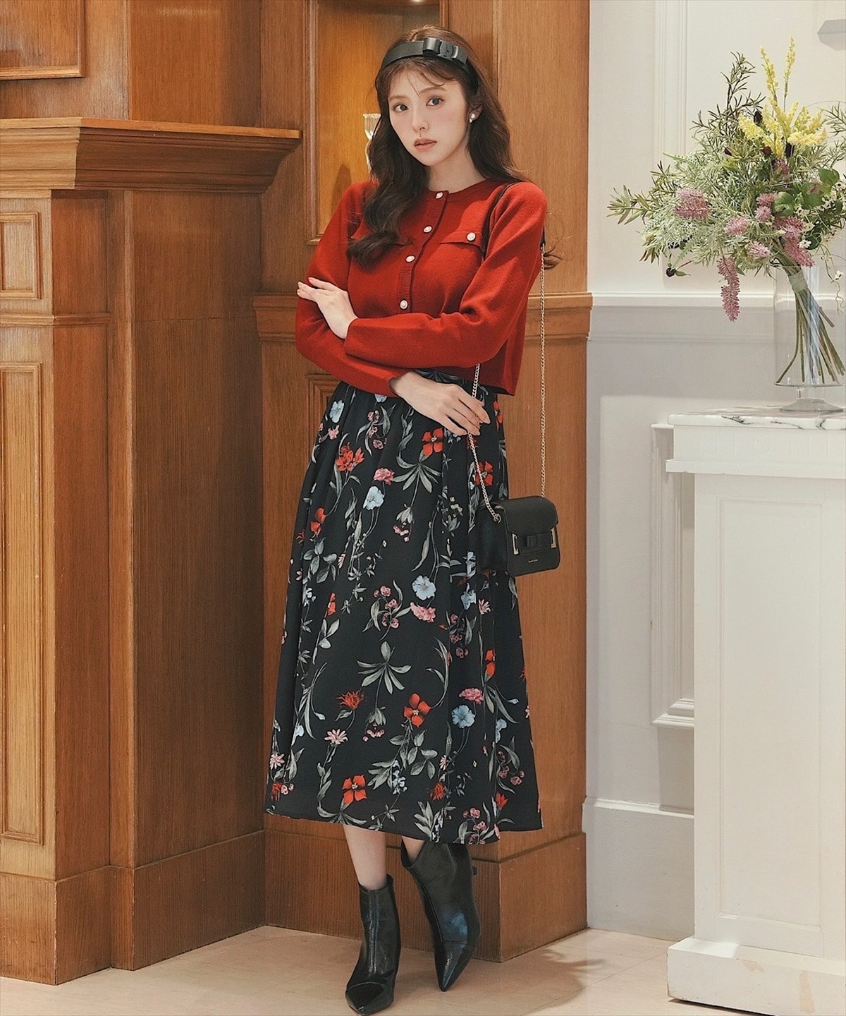 フローラルプリントタックフレアスカート