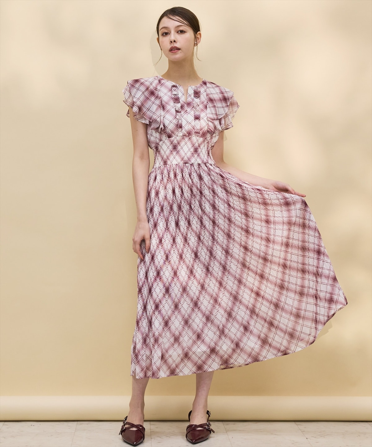 チェックプリーツシフォンワンピース