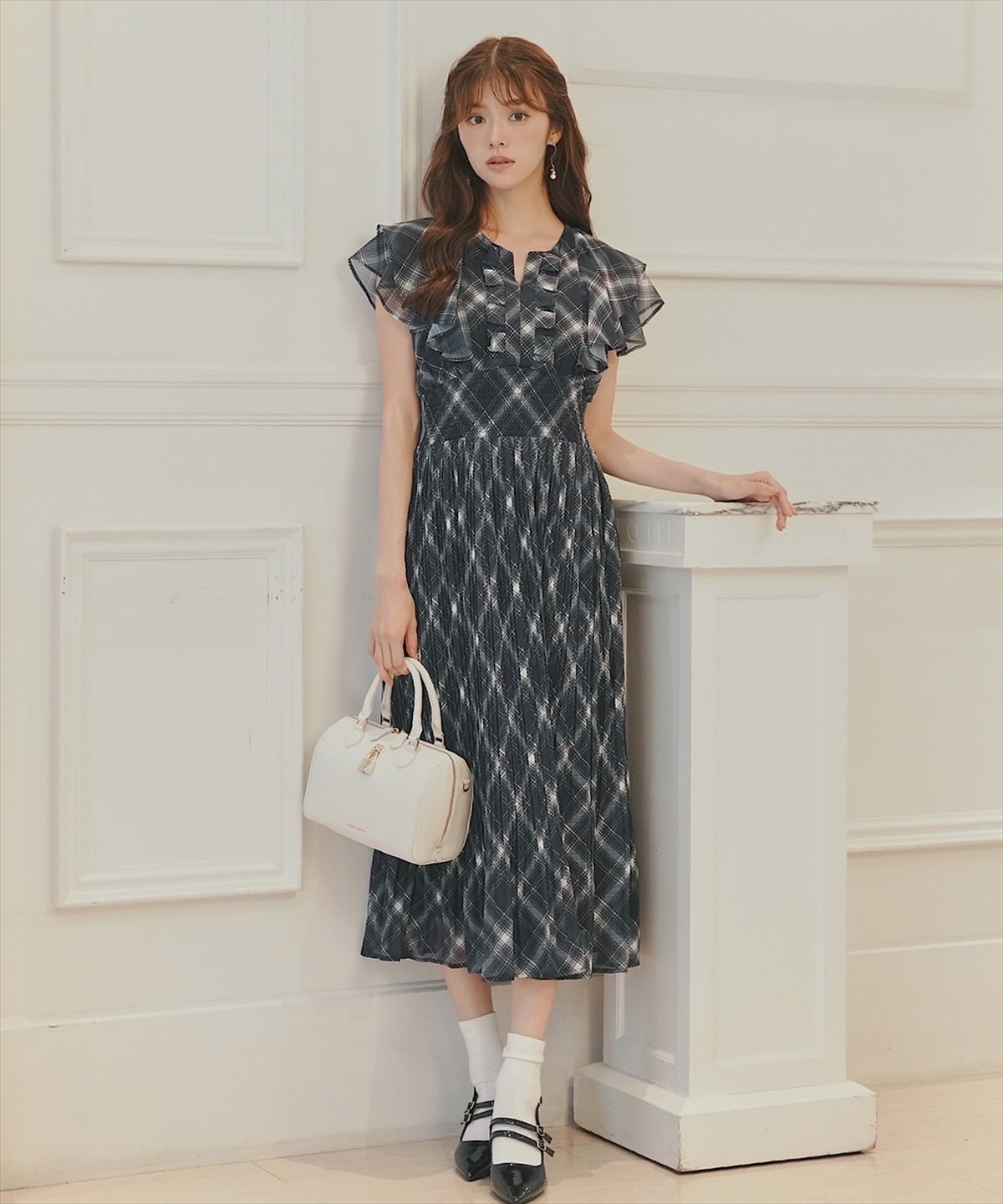 チェックプリーツシフォンワンピース