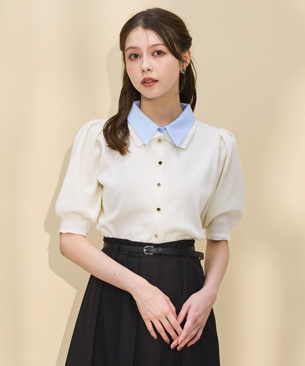 金ボタンシャツレイヤードニットプルオーバー