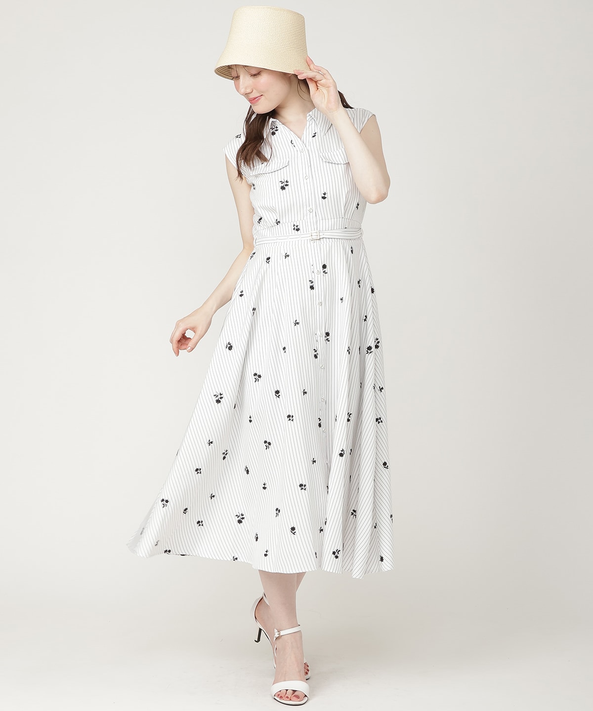 【7/3発売】ストライプ×フラワー刺繍シャツワンピース