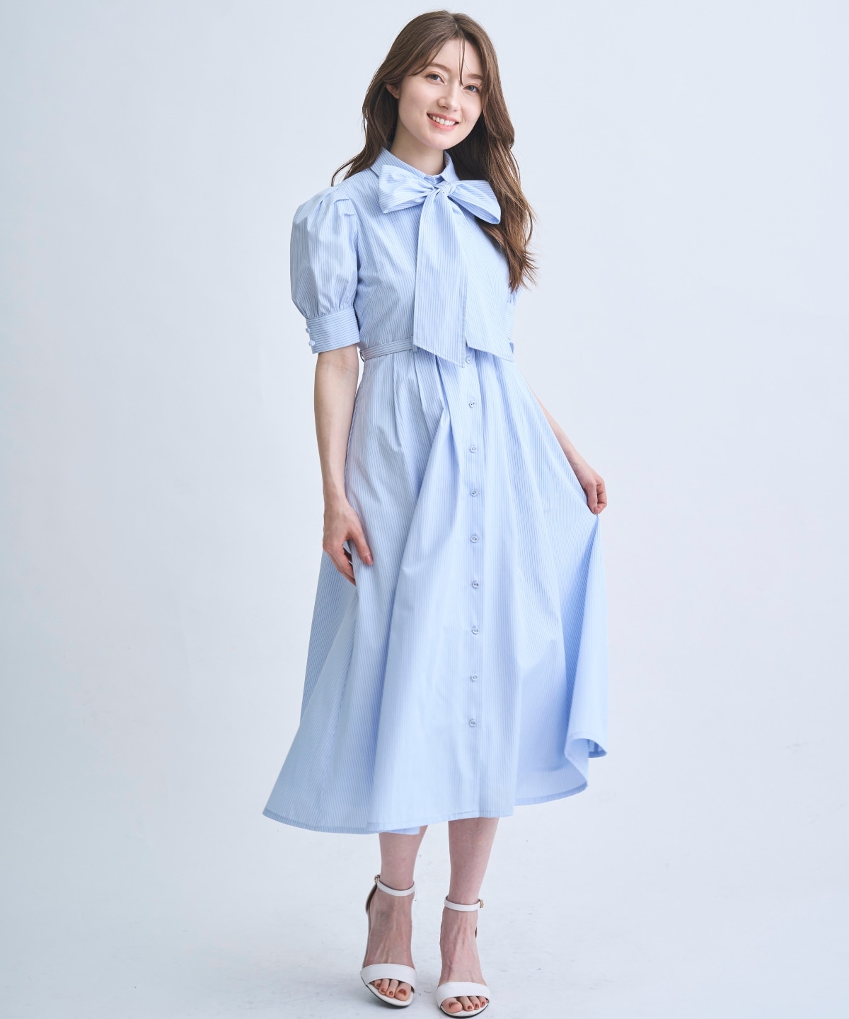【4/10(Fri)予約開始】リボン付きストライプシャツワンピ―ス