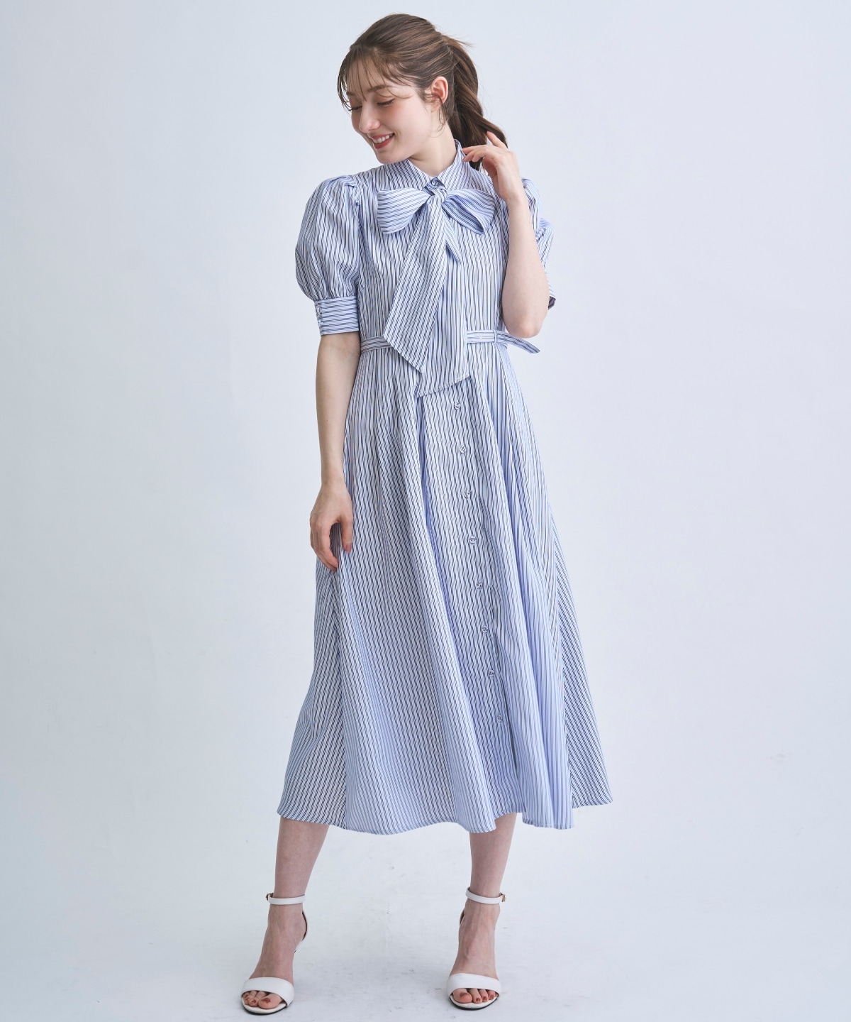 【4/10(Fri)予約開始】リボン付きストライプシャツワンピ―ス