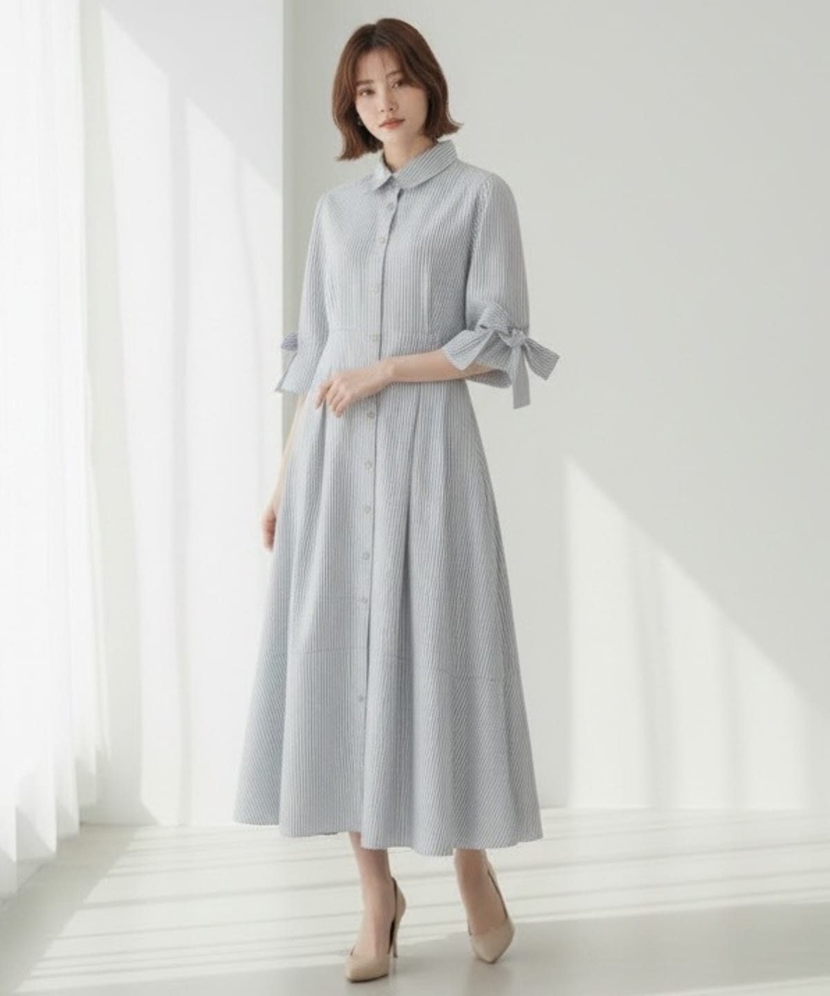 リボンストライプシャツワンピース