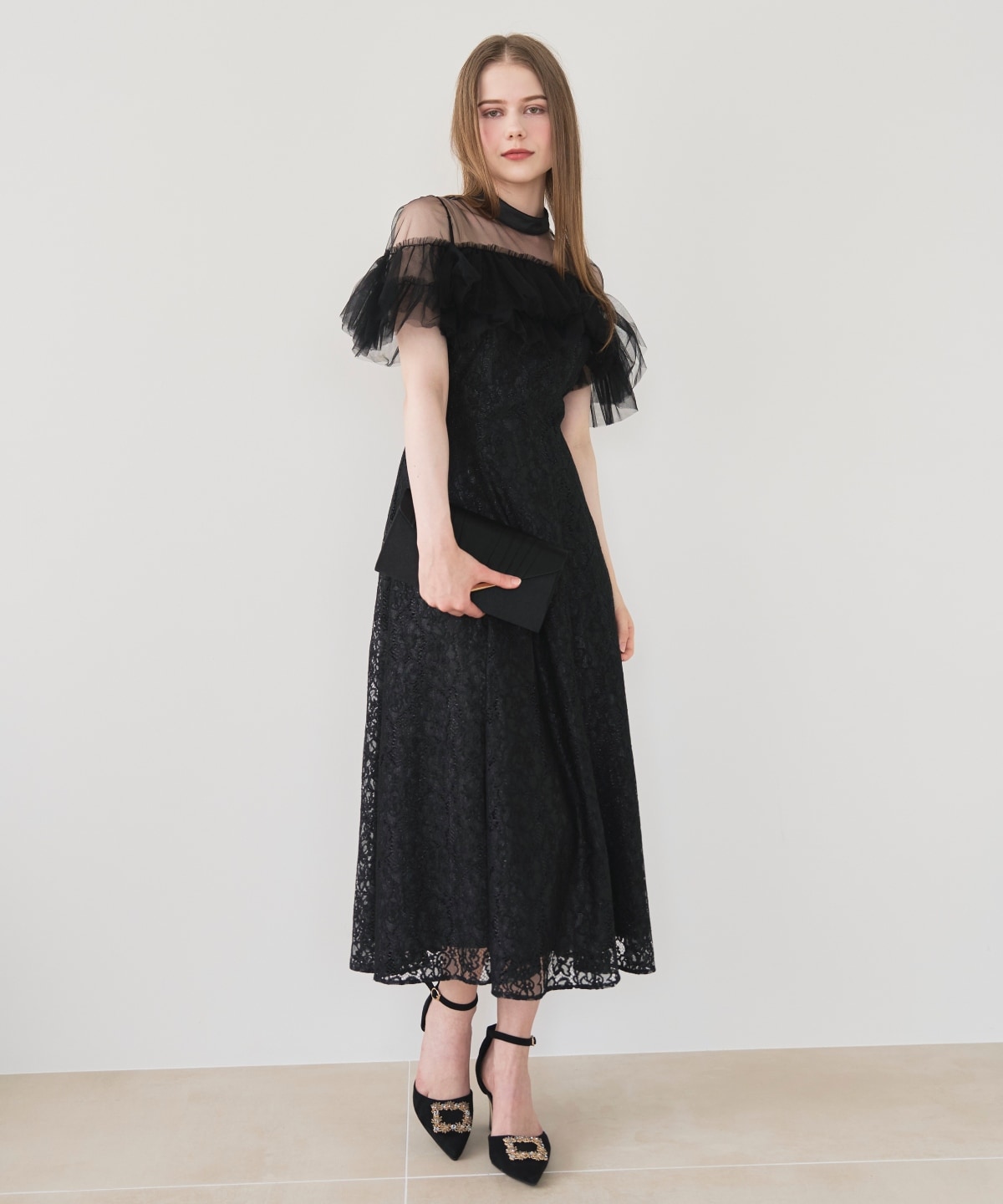 チュールフリルレースドレス